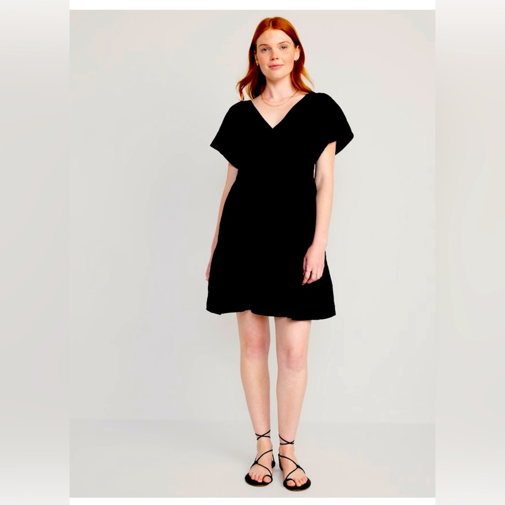 Old Navy Black V-Neck Tiered Swing A Line Summer Dress, Size Large L NWT
